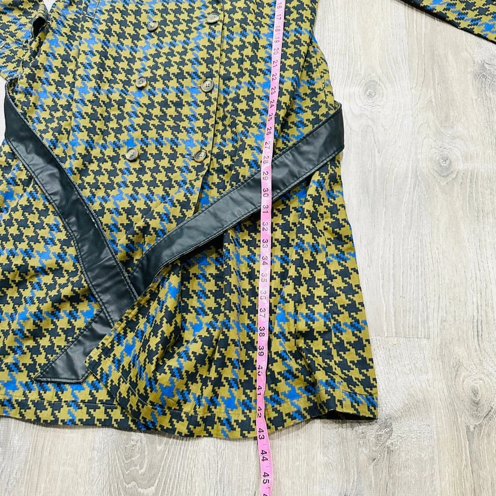 The Drop signedblake Houndstooth Trench Coat Olive Blue Faux Leather Trim M - Picture 10 of 16